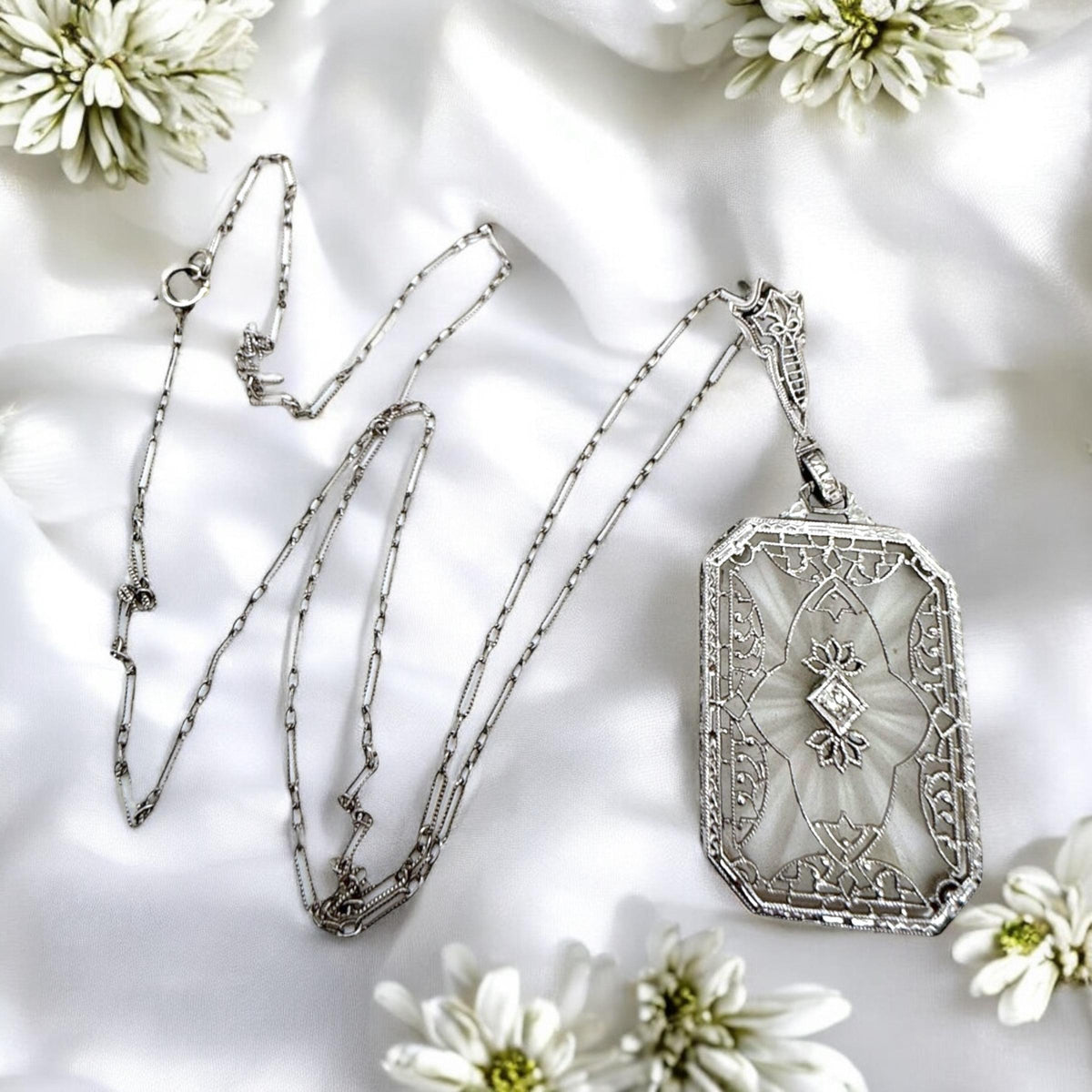 Vintage Camphor Glass Filigree Necklace 14K White Gold