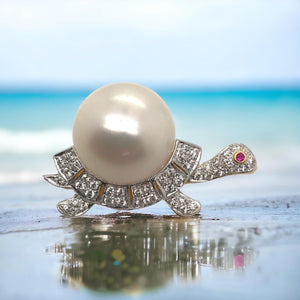 Vintage South Sea Pearl & Diamond Turtle Brooch GIA
