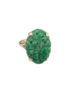 Retro Carved Jade Ring 10K Yellow Gold