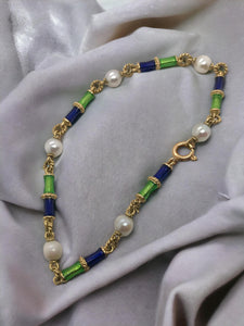 Vintage 18K Yellow Gold Enamel & Pearl Bracelet