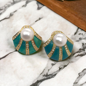 Turquoise Colored Enamel Shell Shaped Pearl & Diamond Earrings 18K Yellow Gold