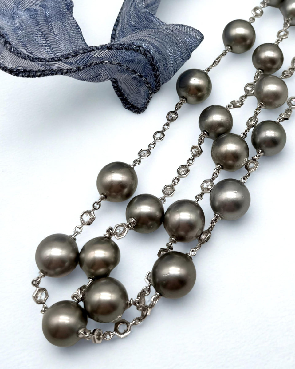 Lugano Grey Tahitian Pearl & Rose Cut Diamond Necklace 13mm 41.5