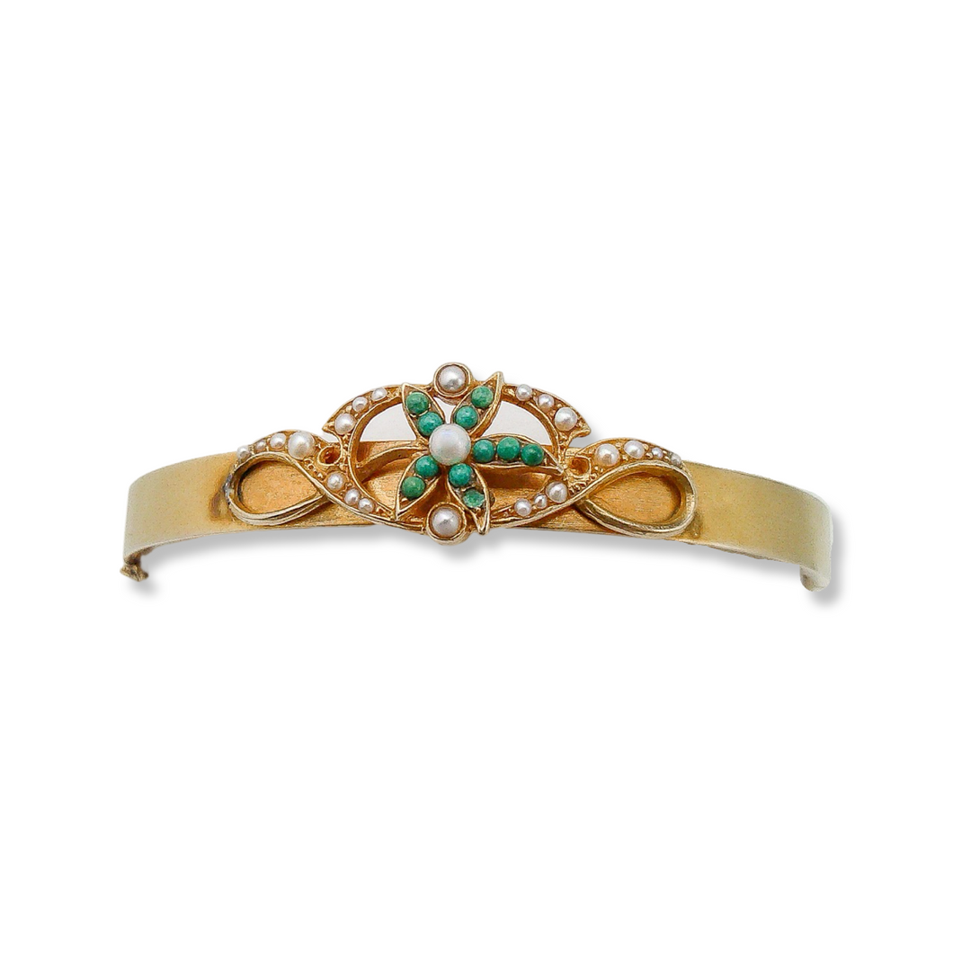14K VINTAGE TURQUOISE AND PEARL CONVERSION BANGLE