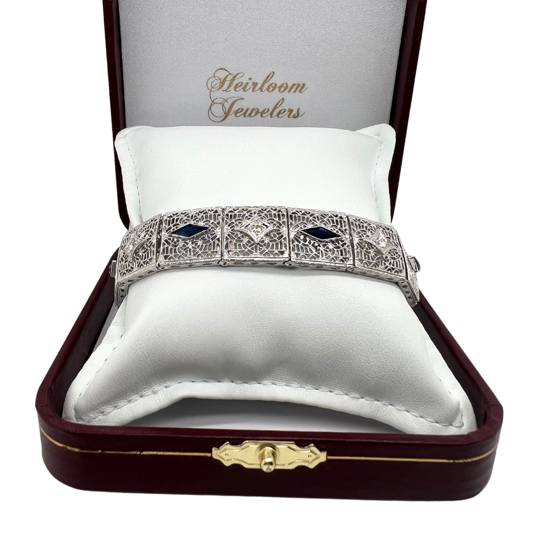 ART DECO DIAMOND AND SAPPHIRE FILIGREE BRACELET