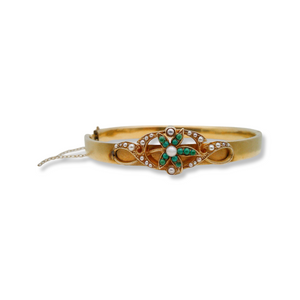 14K VINTAGE TURQUOISE AND PEARL CONVERSION BANGLE