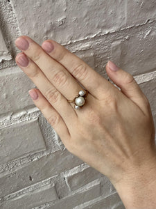Vintage Pearl Rose Gold Three Stone Ring 14K