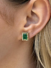 Vintage Emerald & Diamond Stud Earrings 14K Yellow Gold