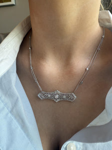 Vintage Filigree Diamond Brooch Conversion Necklace