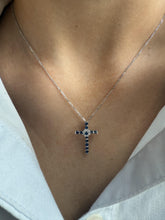 Dainty Sapphire & Diamond Cross Necklace 14K White Gold