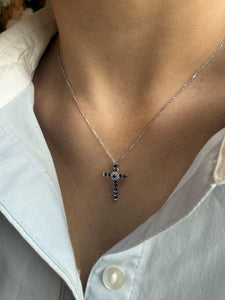Dainty Sapphire & Diamond Cross Necklace 14K White Gold