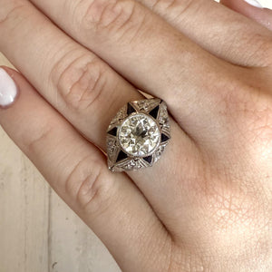 Vintage Art Deco 1.97 Carat Old European Cut Diamond & Sapphire Engagement Ring