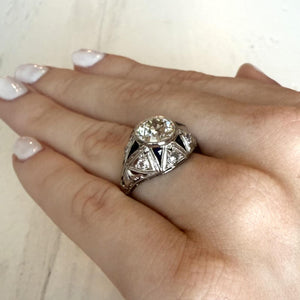Vintage Art Deco 1.97 Carat Old European Cut Diamond & Sapphire Engagement Ring