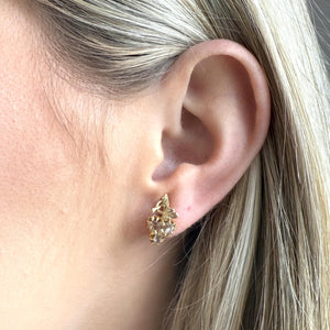 Vintage Rose Cut Diamond Grape Leaf Earrings 14K Yellow Gold