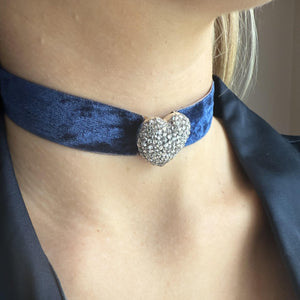 Vintage Georgian Era Rose Cut Diamond Blue Velvet Choker Necklace