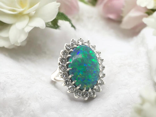 Vintage Platinum Black Opal & Diamond Ring