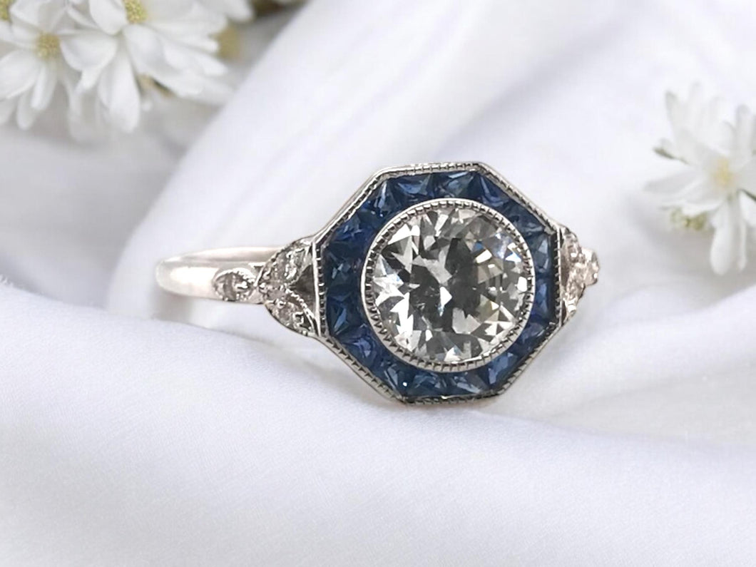 Art Deco Style 0.96 Carat Diamond & Sapphire Ring GIA