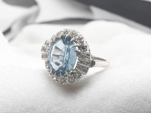 3 Carat Aquamarine & Diamond Ring 14K White Gold
