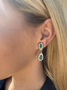 Vintage Emerald & Diamond Dangle Earrings 14K White Gold