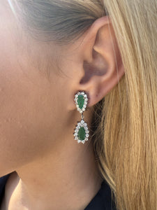 Vintage Emerald & Diamond Dangle Earrings 14K White Gold