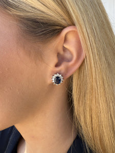 Vintage Sapphire & Diamond Halo Earrings 18K White Gold