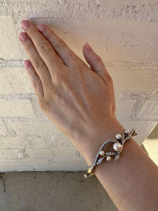 Vintage Diamond & Pearl Yellow Gold Bangle Bracelet