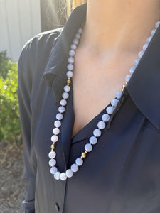 Vintage Blue Agate Gold Bead Necklace 14K