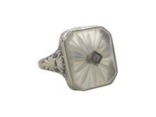 Art Deco Camphor Glass Filigree Ring 14K White Gold