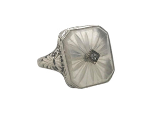 Art Deco Camphor Glass Filigree Ring 14K White Gold