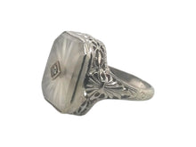 Art Deco Camphor Glass Filigree Ring 14K White Gold