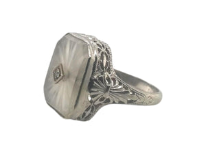 Art Deco Camphor Glass Filigree Ring 14K White Gold
