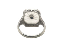 Art Deco Camphor Glass Filigree Ring 14K White Gold