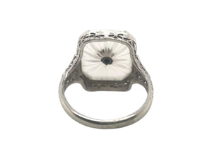 Art Deco Camphor Glass Filigree Ring 14K White Gold