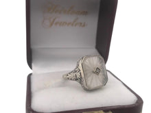 Art Deco Camphor Glass Filigree Ring 14K White Gold