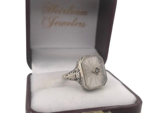 Art Deco Camphor Glass Filigree Ring 14K White Gold