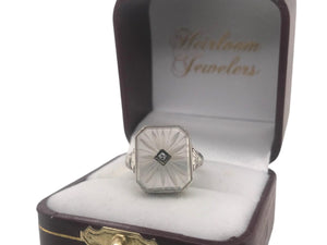 Art Deco Camphor Glass Filigree Ring 14K White Gold