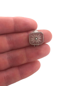 Art Deco Camphor Glass Filigree Ring 14K White Gold