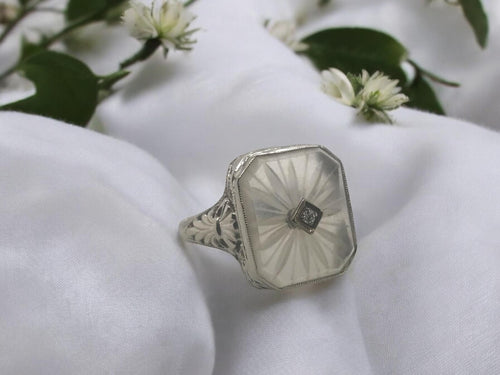 Art Deco Camphor Glass Filigree Ring 14K White Gold