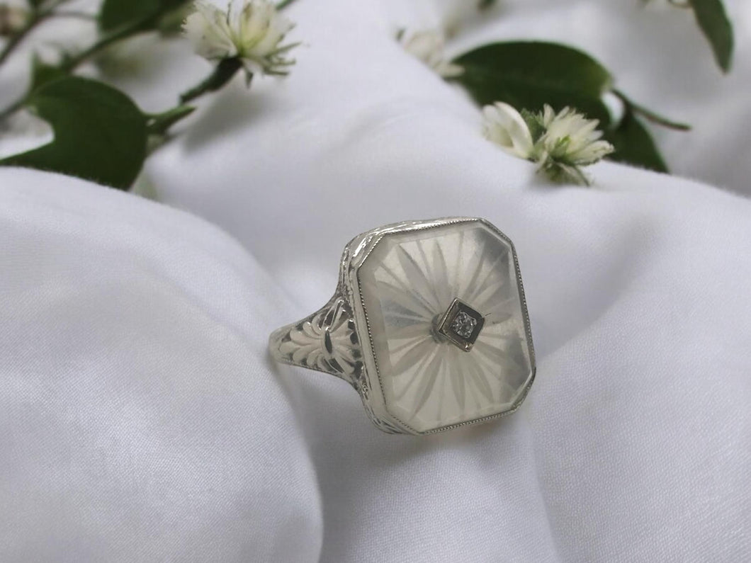 Art Deco Camphor Glass Filigree Ring 14K White Gold