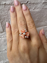 Vintage Carved Coral Flower & Pearl Ring 14K Yellow Gold