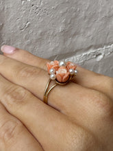 Vintage Carved Coral Flower & Pearl Ring 14K Yellow Gold