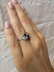Vintage Art Deco Sapphire & Diamond Ring 20K White Gold
