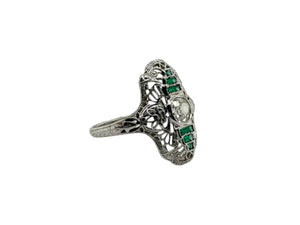 Art Deco Emerald & Diamond Filigree Ring 18K White Gold