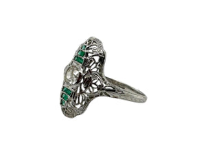 Art Deco Emerald & Diamond Filigree Ring 18K White Gold