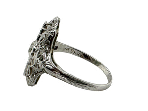 Art Deco Emerald & Diamond Filigree Ring 18K White Gold