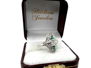 Art Deco Emerald & Diamond Filigree Ring 18K White Gold