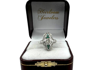 Art Deco Emerald & Diamond Filigree Ring 18K White Gold