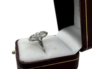 Art Deco Emerald & Diamond Filigree Ring 18K White Gold