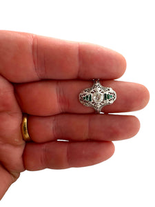 Art Deco Emerald & Diamond Filigree Ring 18K White Gold