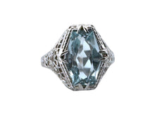 Art Deco Aquamarine Filigree Cocktail Ring 14K White Gold