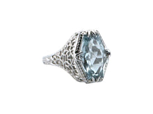 Art Deco Aquamarine Filigree Cocktail Ring 14K White Gold